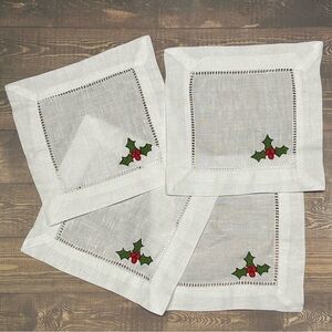 New set of 4 Holly embroidered linen cocktail napkins
